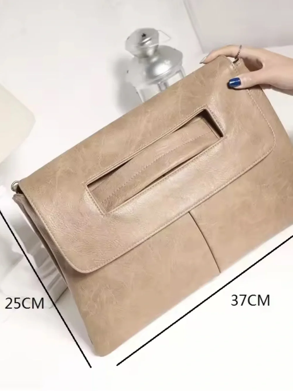 Taupe Fold-Over Clutch with Cutout Handle